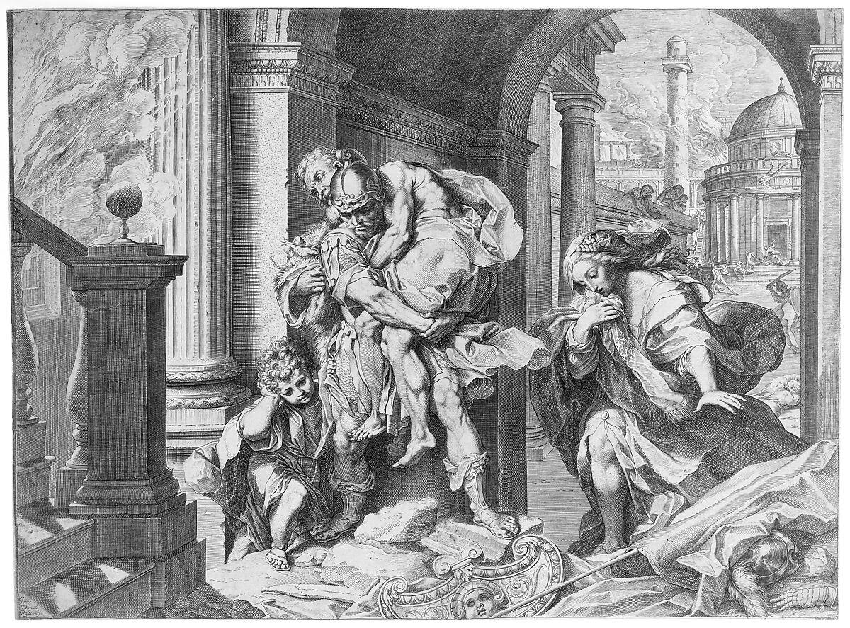 Understanding that defending the burning city of Troy was futile, Aeneas fled with his aged father Anchises on his back. Anchises carried the penates (household gods), and Aeneas held his son Ascanius by the hand. His wife Creusa followed a few steps behind but was lost in the confusion of battle. The buildings of Troy seen here recall monuments in Rome, which was possibly an intentional detail to foreshadow Aeneas' fate.
