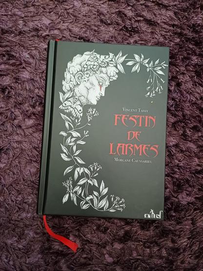 Roman Festin de larmes – Morgane Caussarieu et Vincent Tassy – Mai 2025 – Actusf – Couverture et illustrations intérieures réalisées par Morgane Caussarieu. 
Sur la couverture, on voit la tête d'un statue pleurant du sang, des fleurs et des papillons.