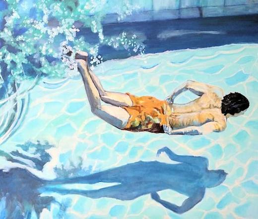 A young man swimming underwater with an orange bathing suit in a refreshing painting 