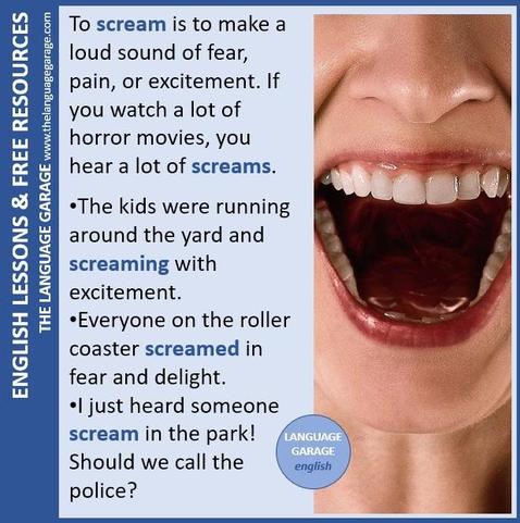 English verbs for speaking loudly, image of a woman screaming