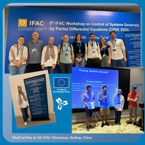 Three photos combined: Group picture of ModConFlex in front of the workshop poster, phote of young author award winner Bouchra and a photo with the three shortlisted young authors.