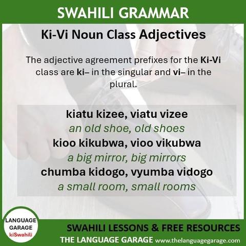 Swahili grammar note on adjectives in the Ki-Vi noun class, image of a shoe