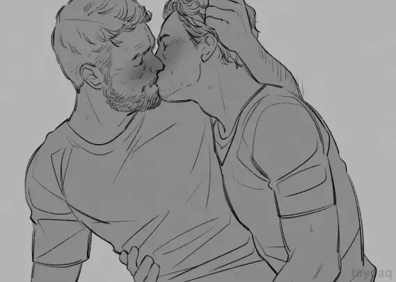 Robby and Jack are kissing. Jack has his arm around Robby's hip. Robby is gripping Jacks curls.