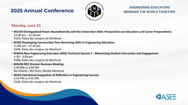 Slide sharing the NEE sessions for Monday, June 23. You can find a list of sessions by using the online program here: http://nemo.asee.org/mobile/icp and searching for the NEE division sessions.