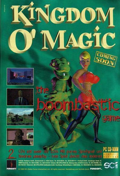 a big breasted woman with blonde hair, wearing a red bikini-type set, thigh high black leggings boot things. a green dragon lizard creature standing to her back with one tooth in the bottom of its mouth.
stamped: comong soon
large red text font: the boombastic game
in game screenshots down the left hand side of the ad. big title font up the top.