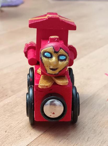 #CustomMade #woodentrain #IronMan, front view of  handpainted face