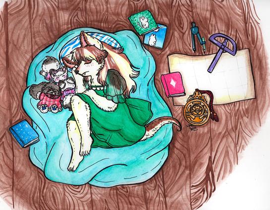 Here we  have Dolly, Babylon, Avalon, and Curly sleeping with each other on the floor. It's clear Dolly had been working on making a star chart earlier with the tools close by. An astrolabe is being used as a paper weight at the moment to keep it from rolling up. Nearby are two Moomin comic books, apparently reading them before having to go to sleep shortly after. 