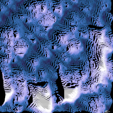 Purple and blue boxes, coloured in a rippling billowing sweep. The boxes clump in places, pull apart in others. There are large tears in a few spots, ragged failing threadbare patches in others. Behind it all: the endless cold dark.