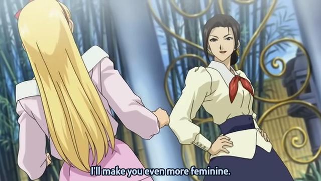 Futaba Taiga from Sakura Wars saying "I'll make you even more feminine" to her son who is currently in a pink dress and blonde wig.