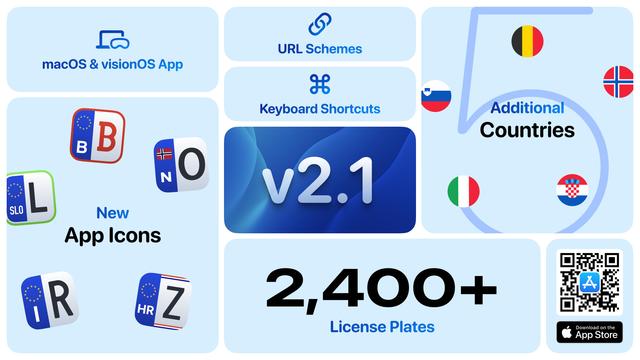Bento board announcing version 2.1. Highlights: support for macOS and visionOS, URL schemes, keyboard shortcuts, five new countries (Belgium, Italy, Croatia, Norway, Slovenia), new app icons, and over 2,400 license plates