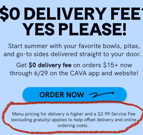 An ad for restaurant touting zero delivery fee, while having to mention that there is a service fee and menu prices are higher as well.