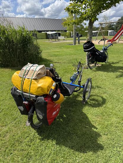 Een blauwe ligfietstrike met rode zijtassen en een gele rol op de bagagedrager en een blauw-zwarte roeifiets met zwarte banaantassen en zwarte toptas staan op een groen grasveld bij een pol siergras en een kleine boom. Op de achtergrond staat een lang gebouw en erboven blauwe lucht met witte wolken. 