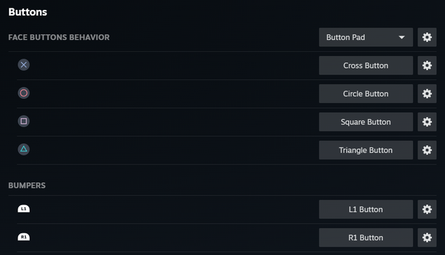 A screenshot of a Steam options screen - this one lists Buttons, Face Buttons Behaviour, and icons of the various buttons with their assigned identity beside them.