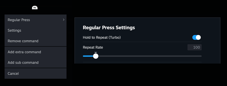 A screenshot of a Steam options screen (actually two edited together for ease). On the left is the options for the R1 button, with the top entry on the menu being Regular Press. To the right is the resulting screen: Regular Press Settings. There is a toggle for Hold to Repeat (Turbo) enabled, with the standard 100 Repeat Rate.