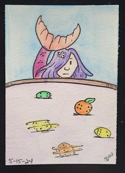 Mermaid learns that citrus fruits do not make effective dice
