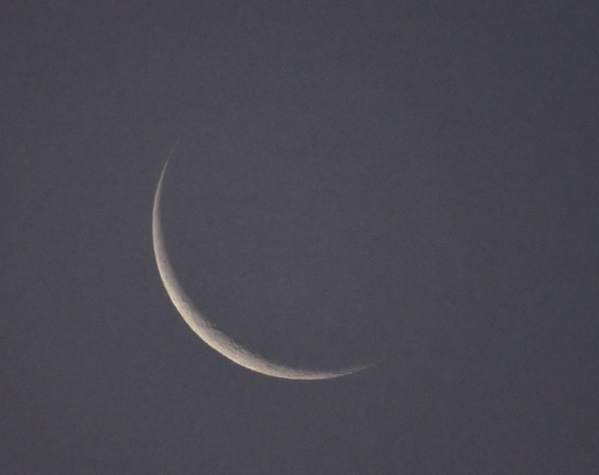 A dark background with just a narrow crescent of the moon lit. You can barely see the unevenness of craters near the edge.