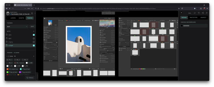 Penpot's editor showing use of design tokens in a concept design of Darktable. Dark mode! 