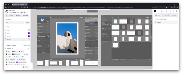 Penpot's editor showing use of design tokens in a concept design of Darktable. Light mode!