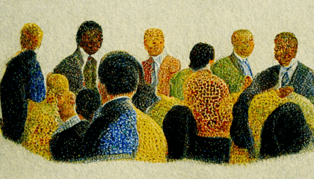 A pointillistic illustration of people networking at meetings (and maybe connecting too)