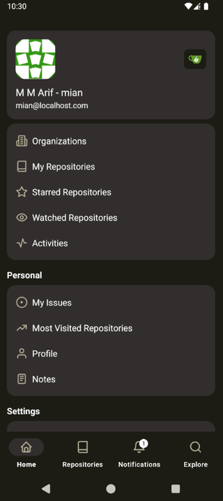GitNex home dashboard
