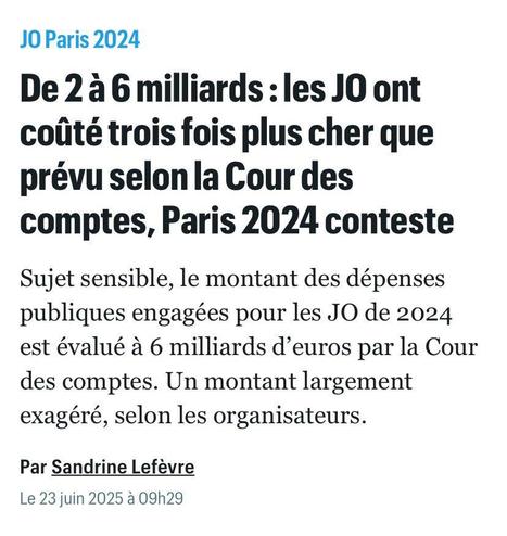 🤔 Qui aurait pu prédire ?

😯 Les #JOP204 ont coûté 3 fois plus cher que prévu selon la cour des comptes.

😇 Ce n’est pourtant pas faute d’avoir alerté à de nombreuses reprises sur les zones d’ombre du budget prévisionnel. Pour exemple, ma question à Amélie Oudéa-Castéra le 9 avril 2024 ⤵️
https://leowalter04.fr/jop-2024-combien-ca-coute/