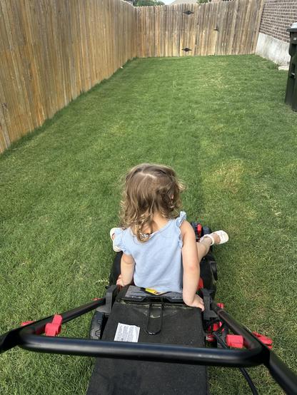 A young child sits on the back of a lawn mower in a green backyard, facing forward. The fenced area features freshly mowed grass, with a clear blue sky above. The child is wearing a light blue shirt and appears to enjoy the moment.