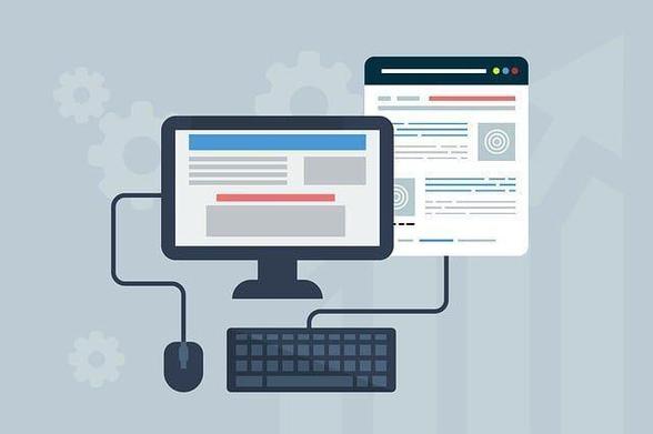 A drawing of computer components and a website on a gray background.