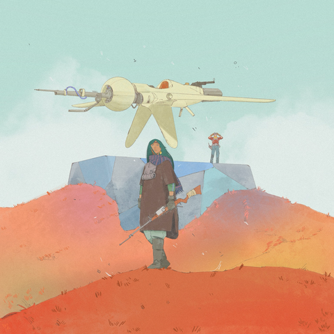 A nomadic woman wearing a brown duster cloak and carrying and old world rifle looks out at the unknown. Her partner stays behind to scout the terrain, as their skimmer hunting ship hovers in place. 
