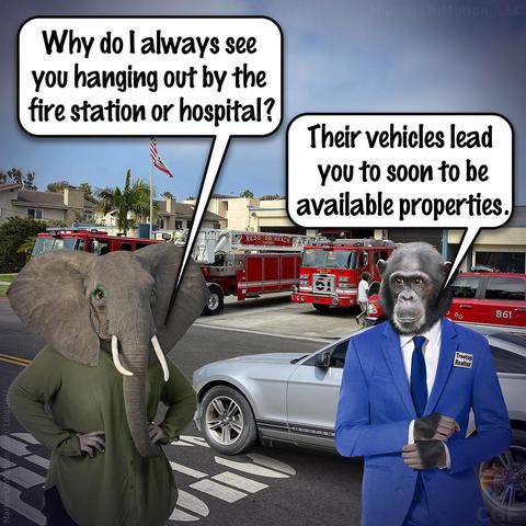 Created by C.G.Ferman 
In front of a Redo Do fire Station. An apeman realtor from Treetop Reality has been approached by Ellen Phant, elephant-woman, and she says,
"Why do I always see you hanging out by the fire station or hospital?"
The Treetop realtor says,
"Their vehicles lead you to soon to be available properties."
= = = = =
Title: Fire Station: Soon to be Available
©2022 Markers In Motion, LLC  &  Christopher G. Ferman
This content is subject to copyright.
www.MarkersInMotion.com 