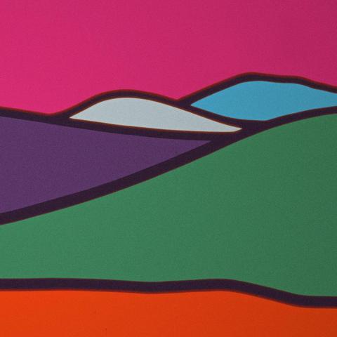 This is the cover for Kutiman's Dreams In Aspamia EP, depicting an abstract landscape with vibrant colors: pink sky, purple, green, blue hills, and orange foreground, creating a bold visual contrast.