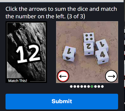 an asinine captcha asking the user to sum dice on the right and compare to the number on the left with 10 different possibly correct options