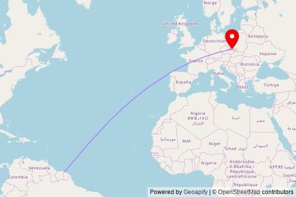 A map showing the great circle route from Saint-Laurent-du-Maroni in France to a map pin at kaple Nejsvětější Trojice, 4526, 793 31 Suchá Rudná, Czechia