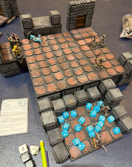 A photo of a miniatures skirmish game in progress. A room with two exits has several fantasy heroes facing off against skeletal enemies. The room slopes down on one side with a scattering of blue dice representing water there.