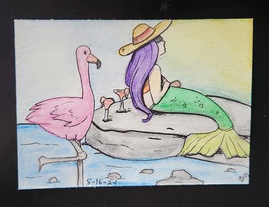 Mermaid and a flamingo enjoying shrimp cocktails while sunbathing.