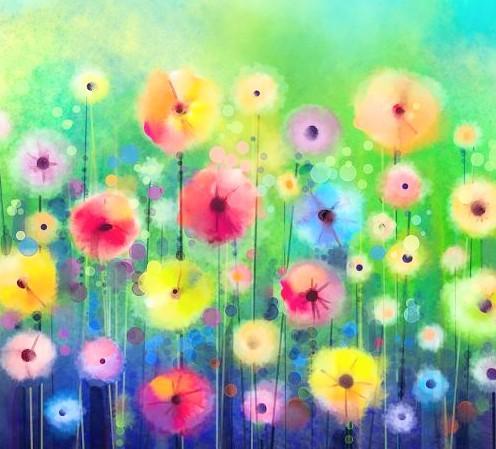 A painting of a field of round multi bright flowers filling it