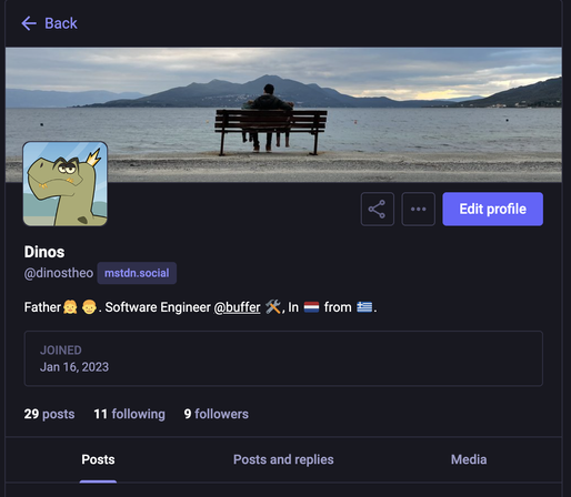 Screenshot of the @dinostheo@mstdn.social profile, avatar and header image, as well as bio