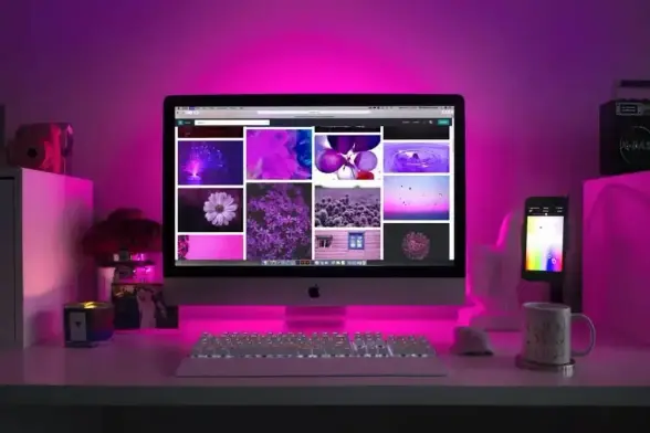 A computer with images with a purple background.