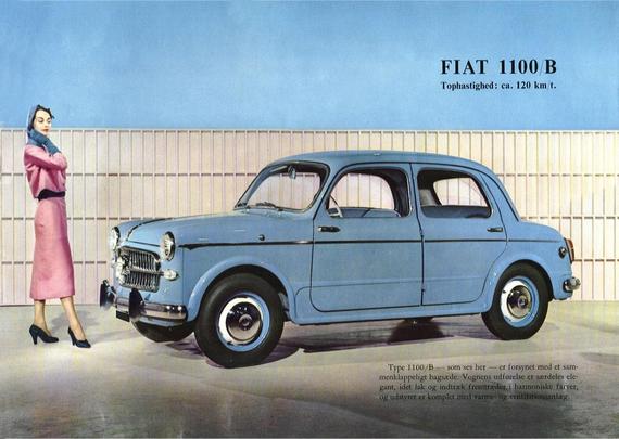 from a 1956 brochure, a woman looks haughtily at a Fiat 1100B, there's a some Danish text bottom right
