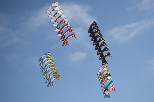 Four quad line kite stacks in formation.