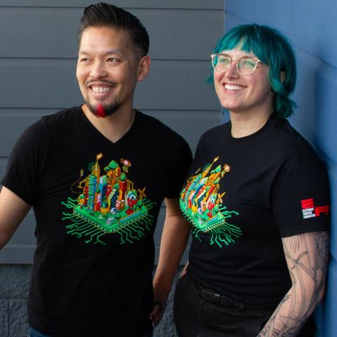 Two people wearing EFF's 35th Anniversary Cityscape t-shirt