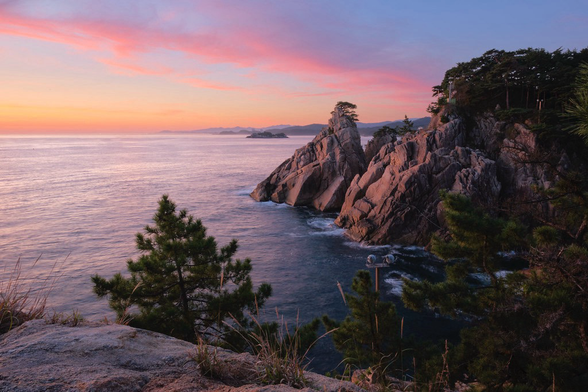 Rocks and pine trees on the coast to the right of the frame with the ocean to the left. Pinks, oranges and blues in the sky. 