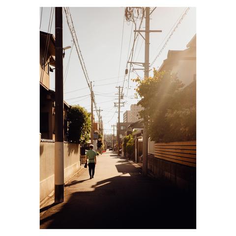 This is a color photo taken on a sunny residential street in Nagoya. The composition leads the eye straight down the narrow road, flanked by traditional houses and wooden fences. A man wearing a mint-green shirt and black pants walks away from the camera, casting a long shadow in the low morning light. Sunbeams filter dramatically through tree branches on the right side, highlighting the oppressive summer heat. Overhead, a tangle of utility wires stretches across numerous power poles, silhouetted sharply against the bright, nearly white sky. The scene is still, except for the visual cue that everything—man, air, asphalt—is being slowly roasted.