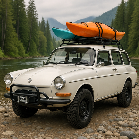  a white 1970 Volkswagen type 3 Squareback with knobby off road tires, a push bar with a winch, and a roof rack with kayaks. It's parked next to a Pacific Northwest river. 