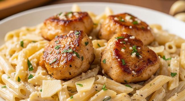 Indulge in the ultimate cozy dinner with Garlic Butter Chicken Bites and Creamy Pasta! Juicy, golden-seared chicken bites tossed in a rich garlic butter sauce and served over creamy, cheesy pasta—this dish is comfort food at its finest. Perfect for busy weeknights or family dinners, it’s quick to make, full of flavor, and sure to become a go-to favorite. Creamy, garlicky, and downright irresistible!