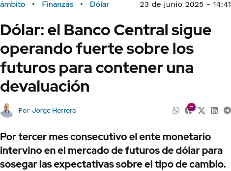«Dólar: el Banco Central sigue operando fuerte sobre los futuros para contener una devaluación. Por tercer mes consecutivo el ente monetario intervino en el mercado de futuros de dólar para sosegar las expectativas sobre el tipo de cambio.»
