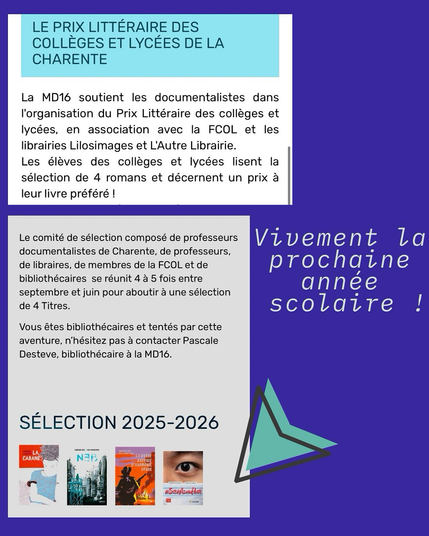 Montage de captures d’écran détaillant le principe du prix lecteurs collège lycée de la Charente avec couverture des quatre romans sélectionnés pour 20025/2026