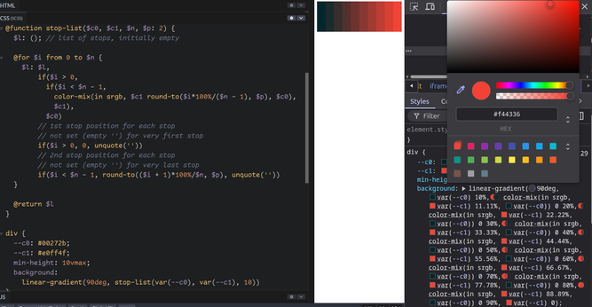 Screenshot of the modified Sass mixin using CSS variables and `color-mix()`. On the right, we also have a DevTools panel open, showing the changing one of the end steps changes all intermediary ones this way.