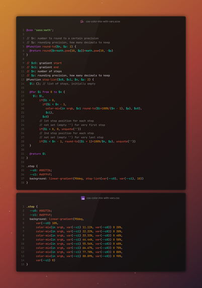 ```
@use 'sass:math';

// $n: number to round to a certain precision
// $p: rounding precision, how many decimals to keep
@function round-to($n, $p: 2) {
	@return round($n*math.pow(10, $p))*math.pow(10, -$p)
}

// $c0: gradient start
// $c1: gradient end
// $n: number of steps
// $p: rounding precision, how many decimals to keep
@function stop-list($c0, $c1, $n, $p: 2) {
	$l: (); // list of stops
	
	@for $i from 0 to $n {
		$l: $l, 
				if($i > 0, 
					if($i < $n - 1, 
						color-mix(in srgb, $c1 round-to($i*100%/($n - 1), $p), $c0), 
						$c1), 
					$c0) 
		// 1st stop position for each stop
		// not set (empty '') for very first stop
		    if($i > 0, 0, unquote('')) 
		// 2nd stop position for each stop
		// not set (empty '') for very last stop
		    if($i < $n - 1, round-to(($i + 1)*100%/$n, $p), unquote(''))
	}
	
	@return $l
}

p {
	background: linear-gradient(90deg, stop-list(var(--c0), var(--c1), 10))
}
```

```
p {
	background: linear-gradient(90deg, 
			var(--c0) 10%, 
			color-mix(in srgb, var(--c1) 11.11%, var(--c0)) 0 20%, 
			color-mix(in srgb, var(--c1) 22.22%, var(--c0)) 0 30%, 
			color-mix(in srgb, var(--c1) 33.33%, var(--c0)) 0 40%, 
			color-mix(in srgb, var(--c1) 44.44%, var(--c0)) 0 50%, 
			color-mix(in srgb, var(--c1) 55.56%, var(--c0)) 0 60%, 
			color-mix(in srgb, var(--c1) 66.67%, var(--c0)) 0 70%, 
			color-mix(in srgb, var(--c1) 77.78%, var(--c0)) 0 80%, 
			color-mix(in srgb, var(--c1) 88.89%, var(--c0)) 0 90%, 
			var(--c1) 0)
}
```