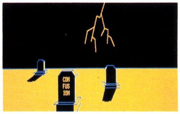 a sparse graveyard, one of the tombstones (at the forefront of the screenshot) reads:
con
fus
ion

lightning is coming from the sky.