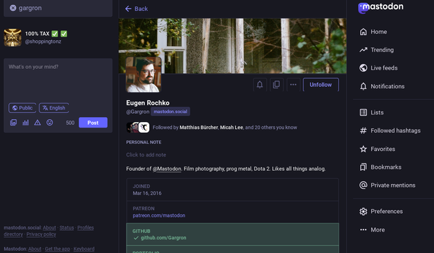 This is an example Mastodon profile to showcase the Mastodon Feature that shows 2 people you follow out of x amount of people that you follow that also follow this the user whose profile you are looking at.

I really commend this feature...it's about social networks and encourages awareness about your social network OR the people you are interested in learning what they are sharing.

This is the profile of @Gargron@mastodon.social the creator of Mastodon. This is just an example but I thought t…